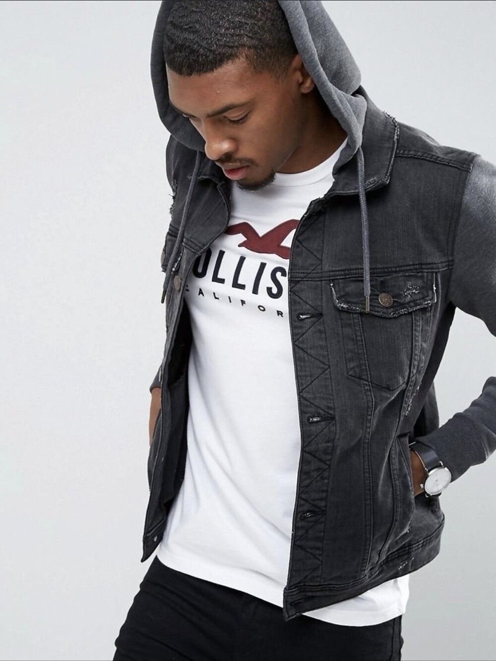 Rare Men's HOLLISTER distressed Mixed Media Jacket XL Flex Black Gray